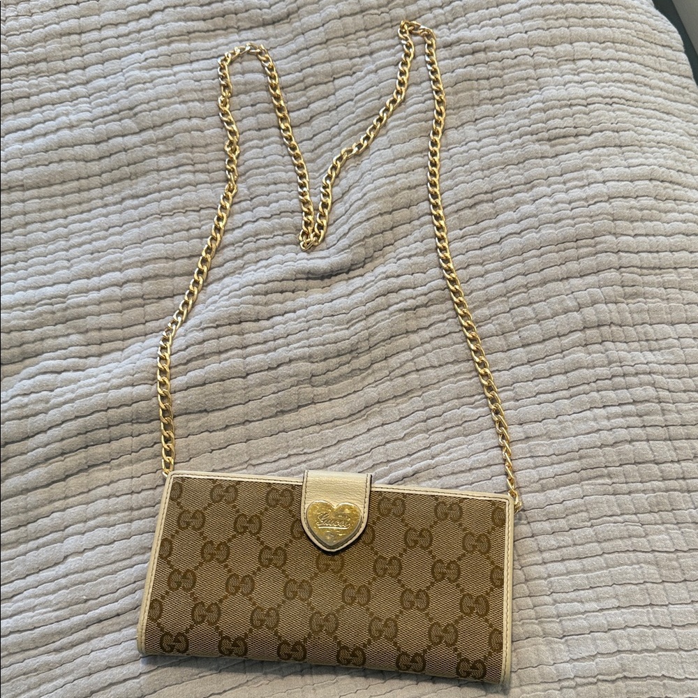 Gucci Tan Monogram wallet with Gold Chain